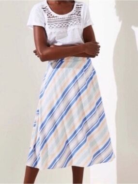 Loft Women Striped A-Line Flowy Midi Skirt in Blue Cream Breathable Spring Sz 4